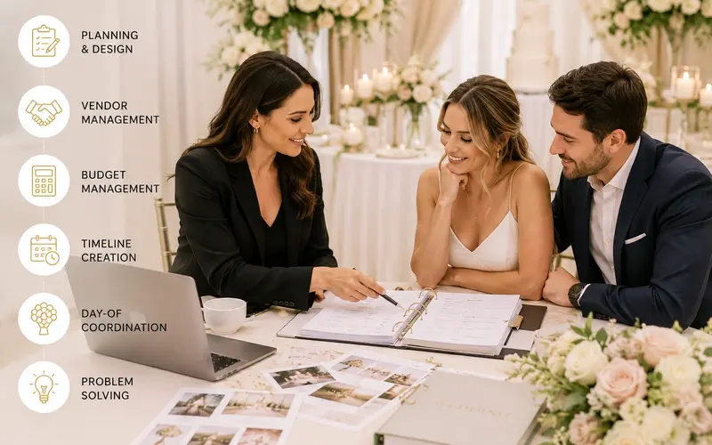 Wedding planner consulting with a couple about event coordination, vendor management, budgeting, and wedding day logistics